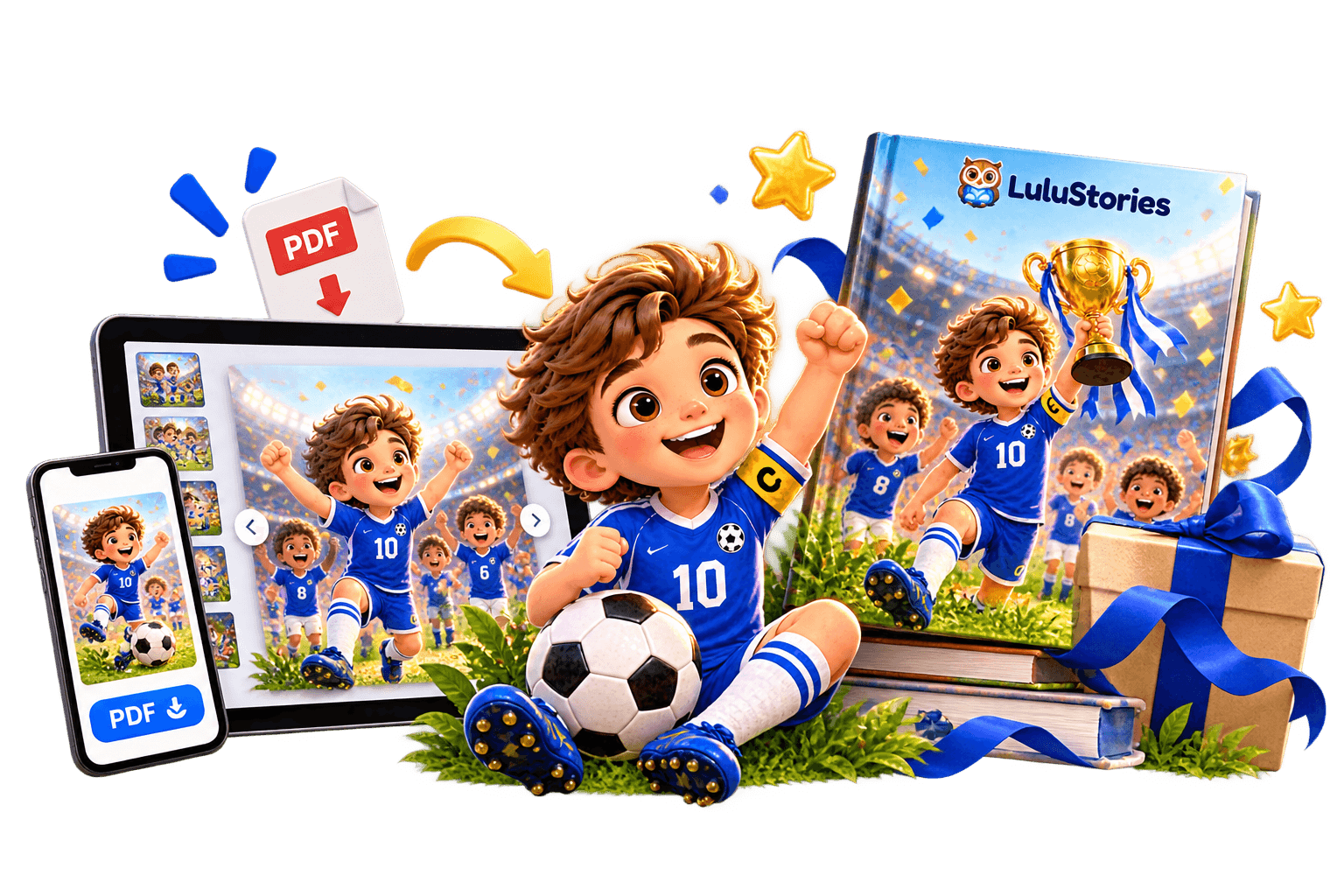 Cartoon boy with soccer ball, digital devices, and a 'LuLuStories' book about soccer.