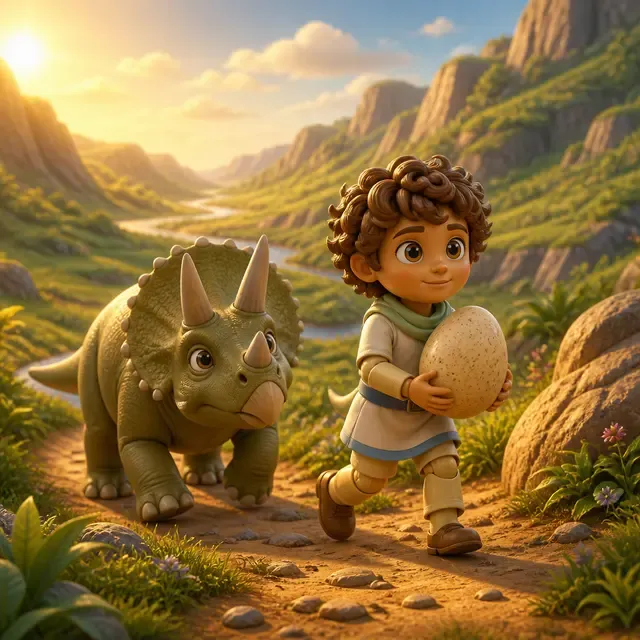 A young boy carries an egg, walking with a triceratops through a sunny green valley.