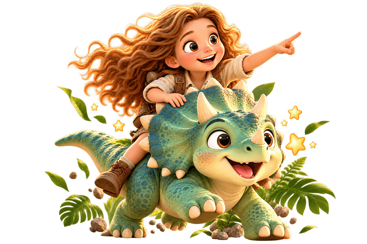 Cartoon girl with curly hair rides a smiling triceratops, pointing forward excitedly.