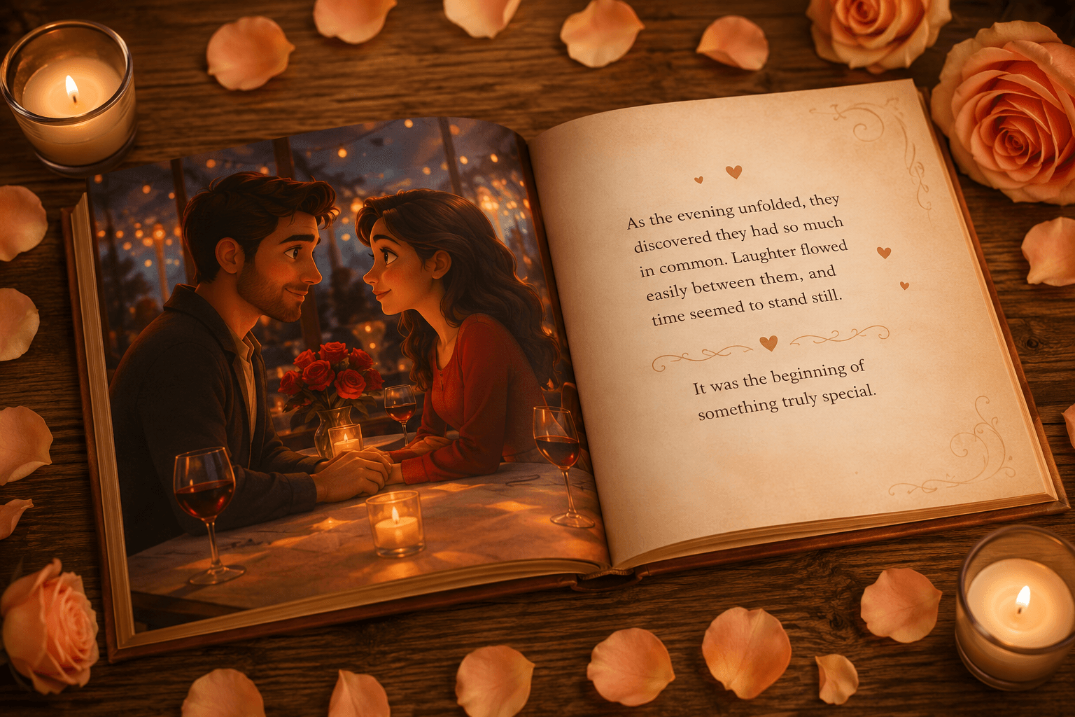 Open book displaying a romantic illustration of a couple dining, with candles and petals.
