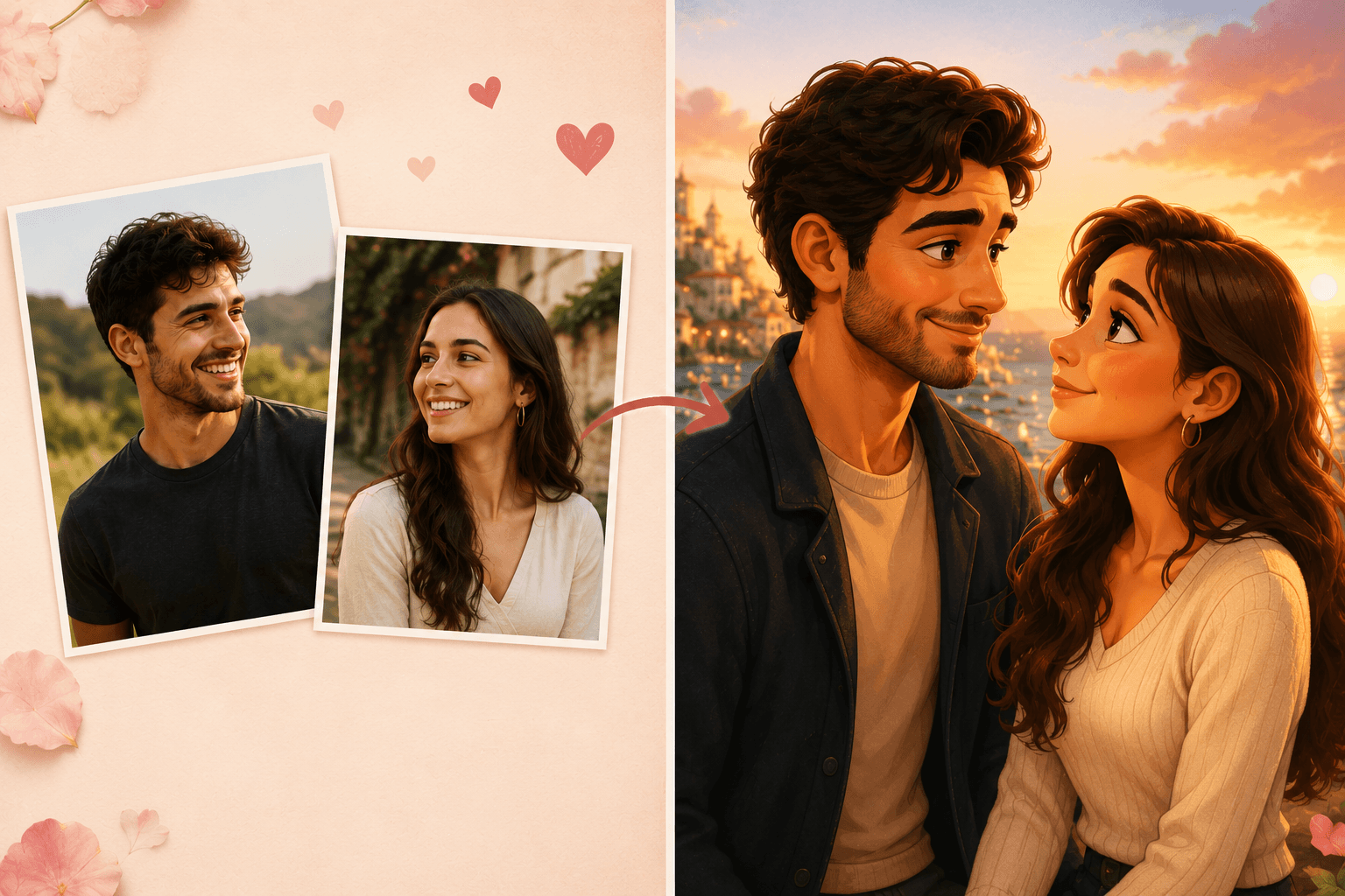 Individual photos of a man and woman transforming into a romantic illustrated portrait.