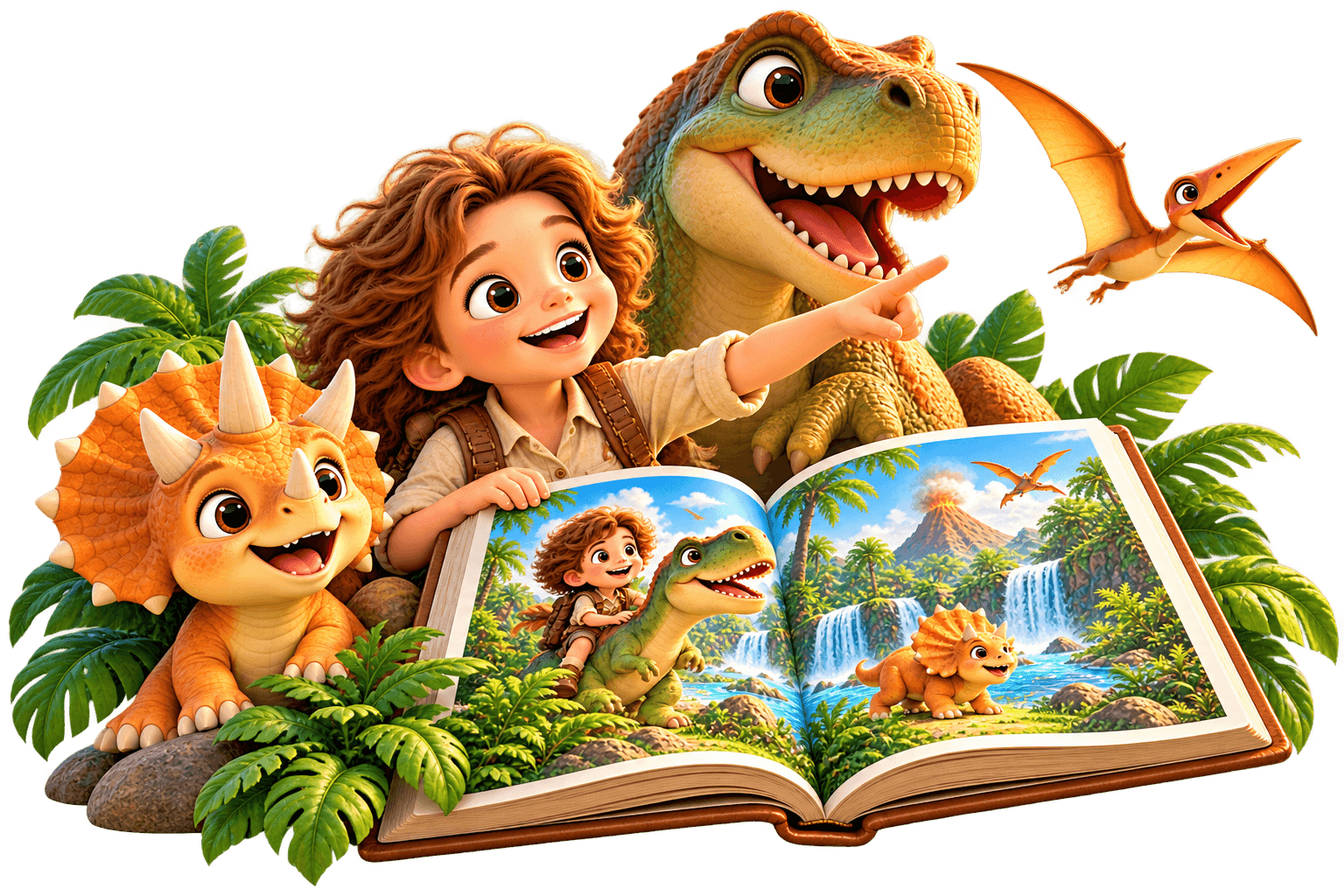 A happy cartoon girl, T-Rex, triceratops, and pterodactyl gather around an open storybook.