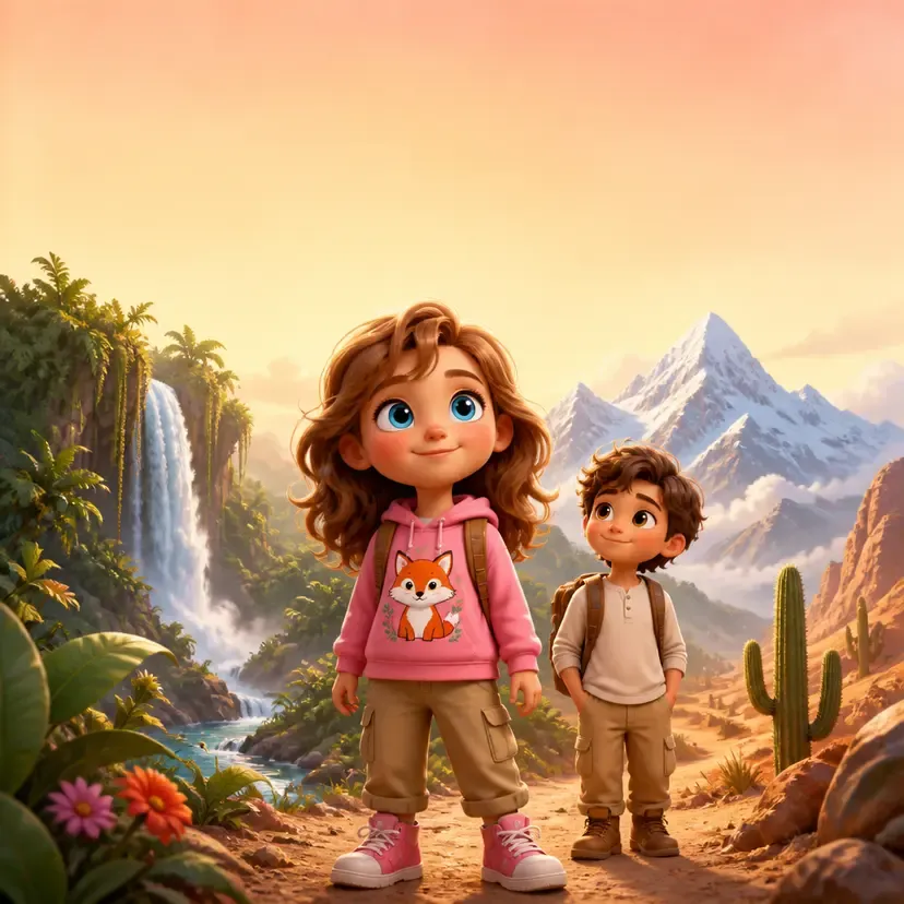 Cartoon girl and boy with backpacks exploring a vibrant landscape with waterfall and mountains.