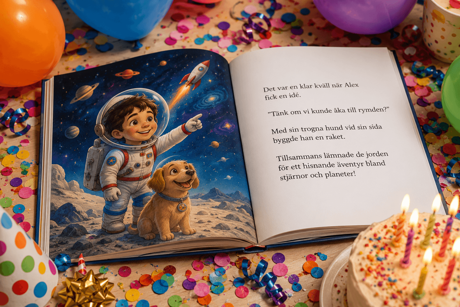 Open children's book depicts an astronaut boy and dog on the moon surrounded by birthday decor.