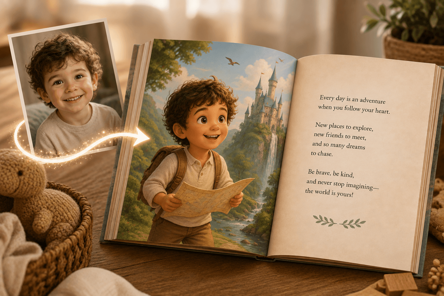 A real boy's photo magically connects to an illustrated boy exploring a fantasy storybook world.