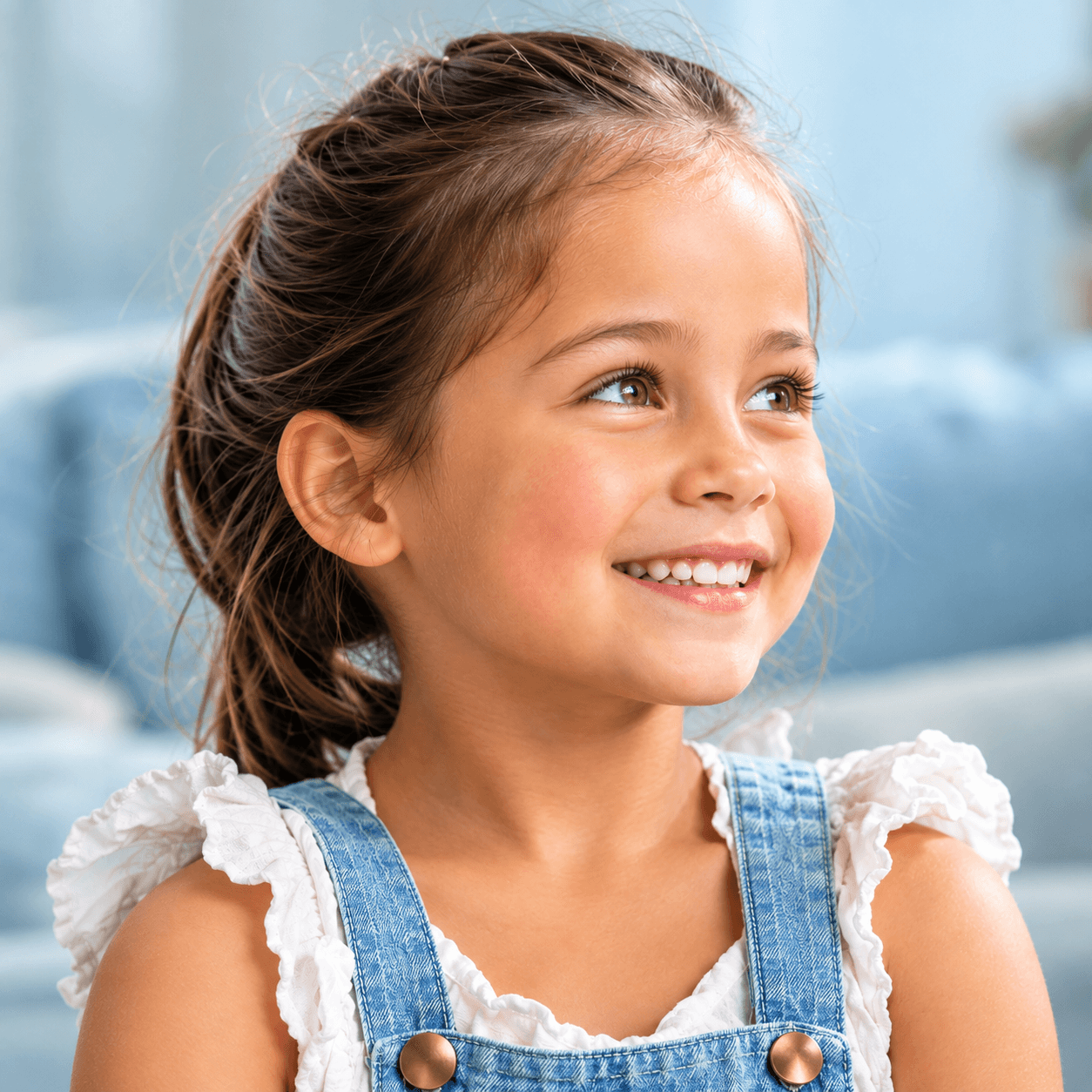 Smiling young girl with brown hair wearing denim overalls looks thoughtfully upwards.