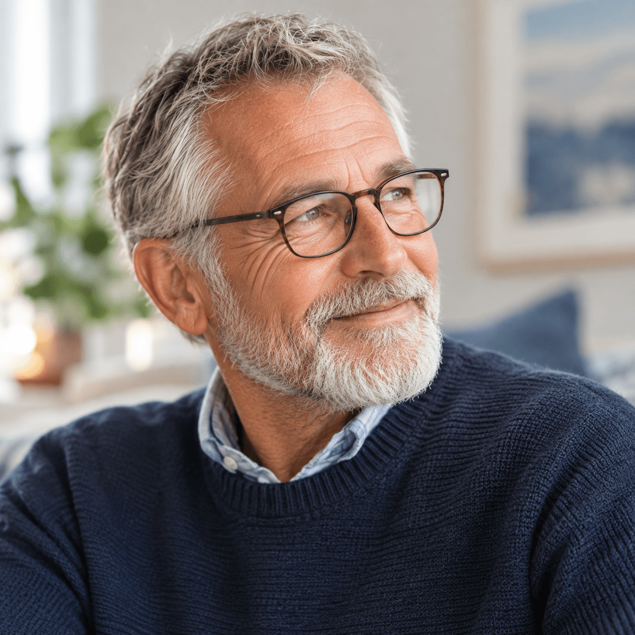 Bearded man with glasses in a navy sweater, looking thoughtfully to the right.