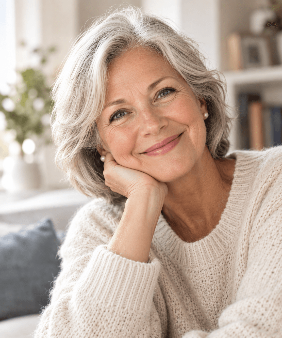 Smiling mature woman with gray hair in a sweater, resting her chin on her hand.