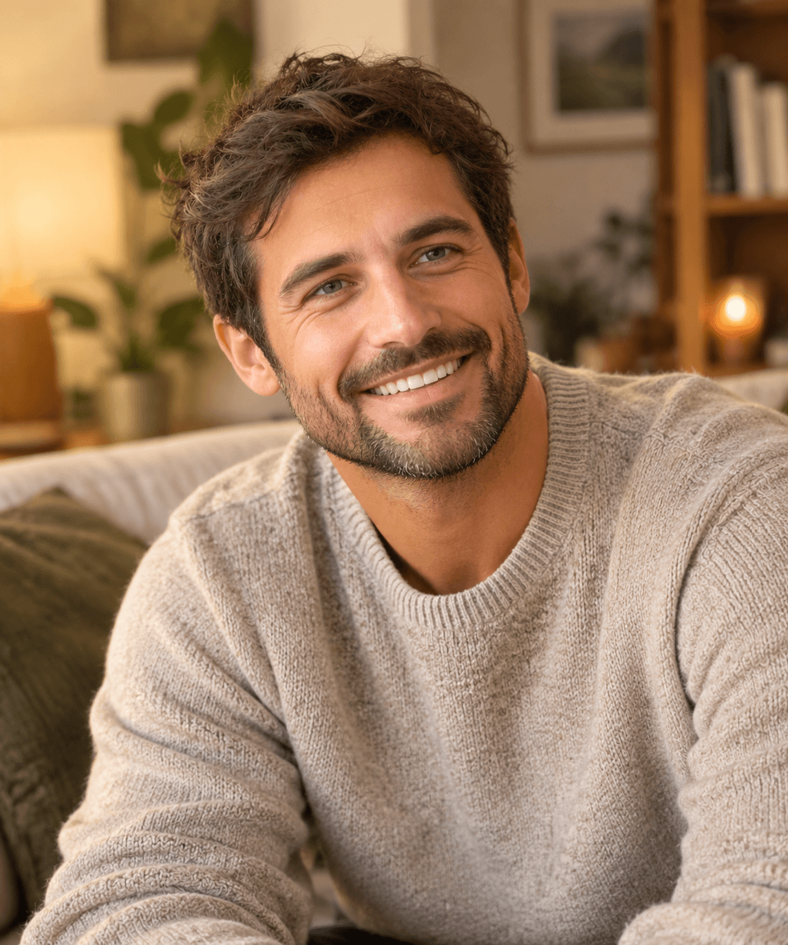 Smiling man with dark hair and beard wearing a gray sweater looks at the camera.