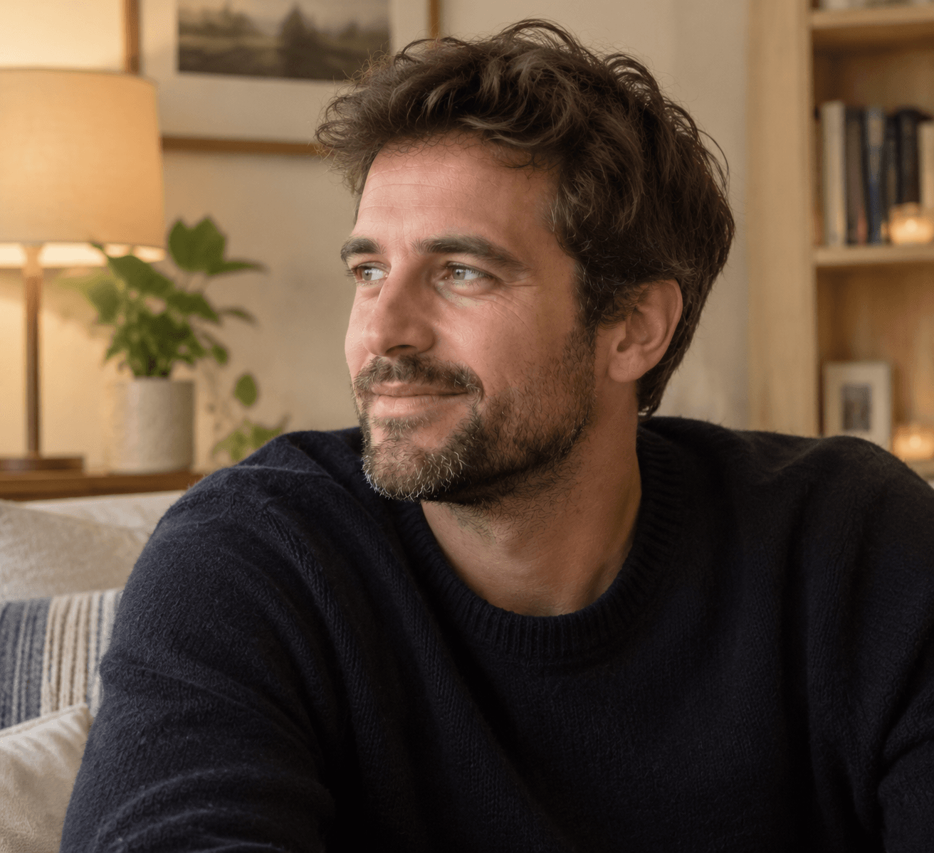 Man with dark hair and beard smiling, looking right, in a cozy living room.