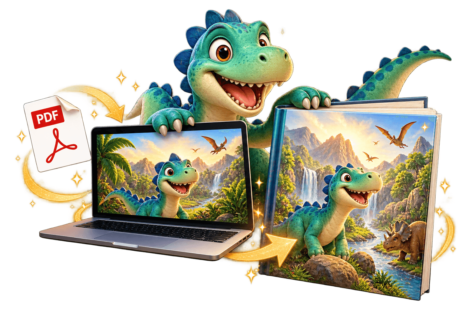 Cartoon dinosaur converting a PDF on a laptop into a beautifully illustrated physical book.
