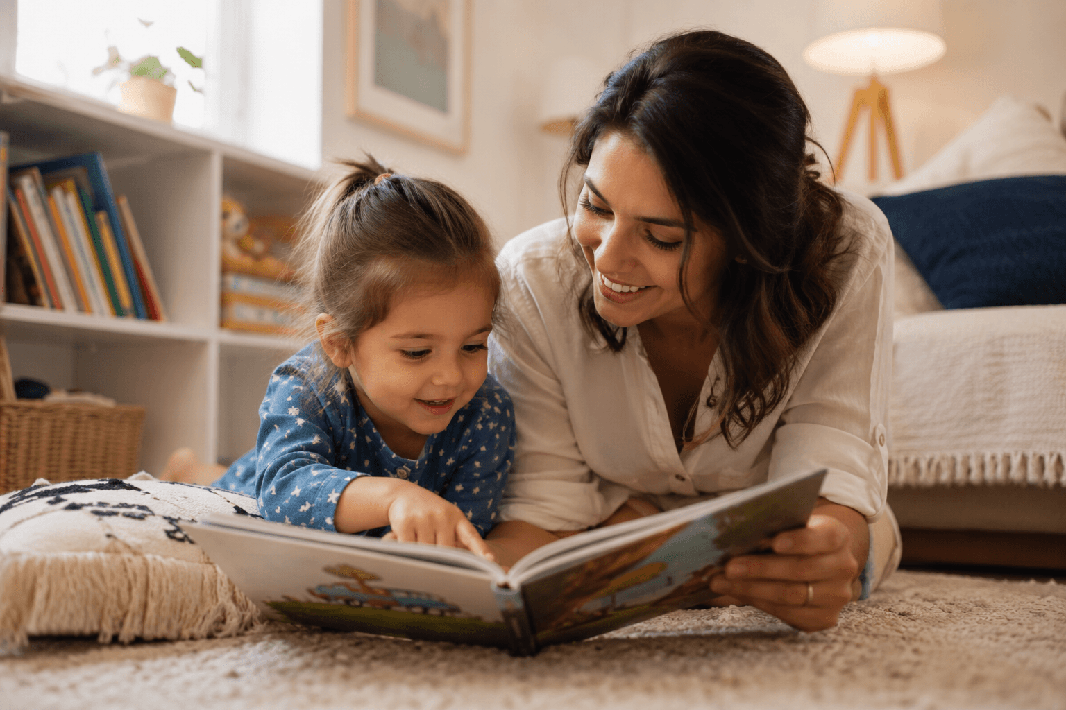 A smiling mother and her young daughter read a colorful picture book on the floor.
