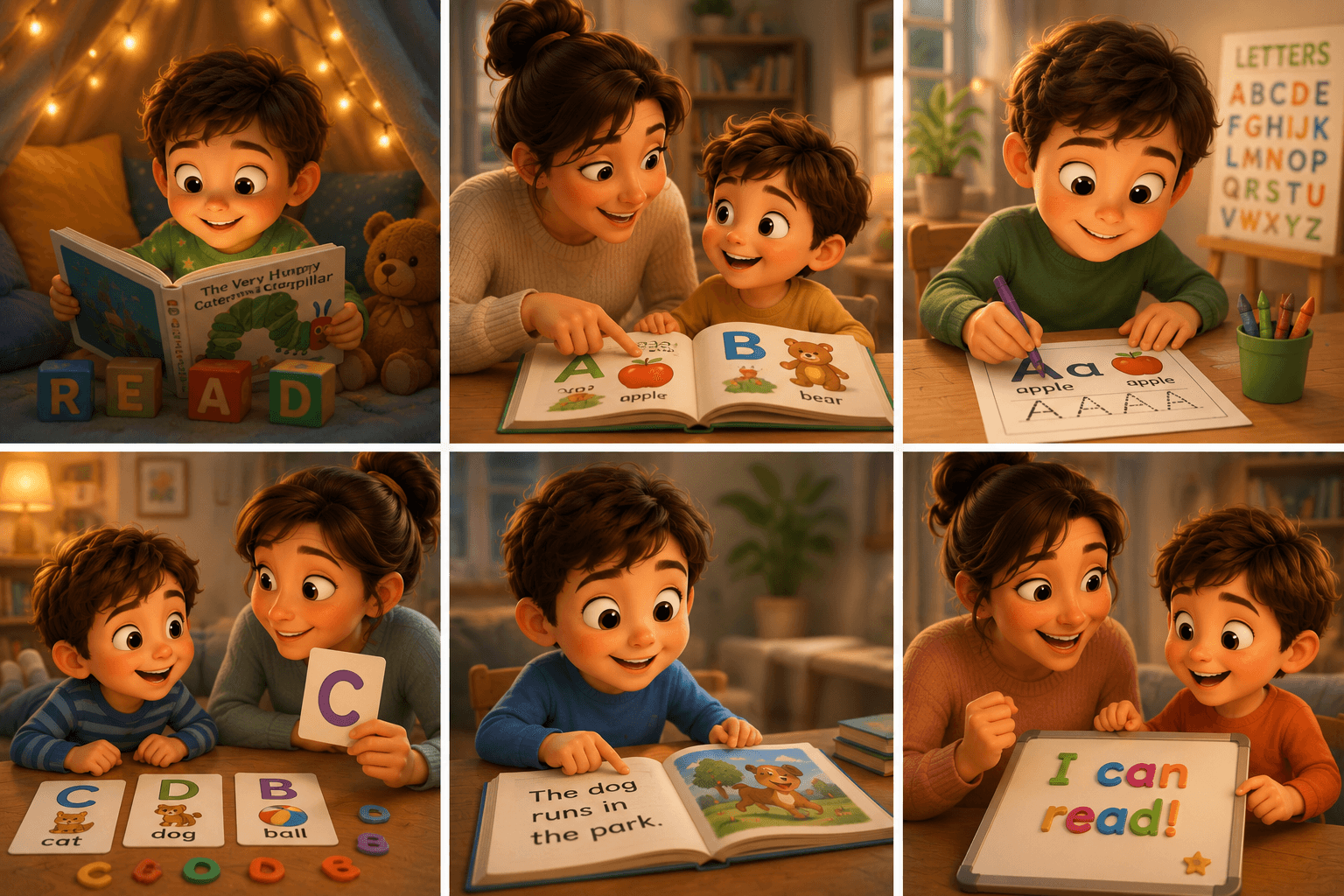 A young boy in a cozy tent reads a glowing "The Very Hungry Caterpillar" book.