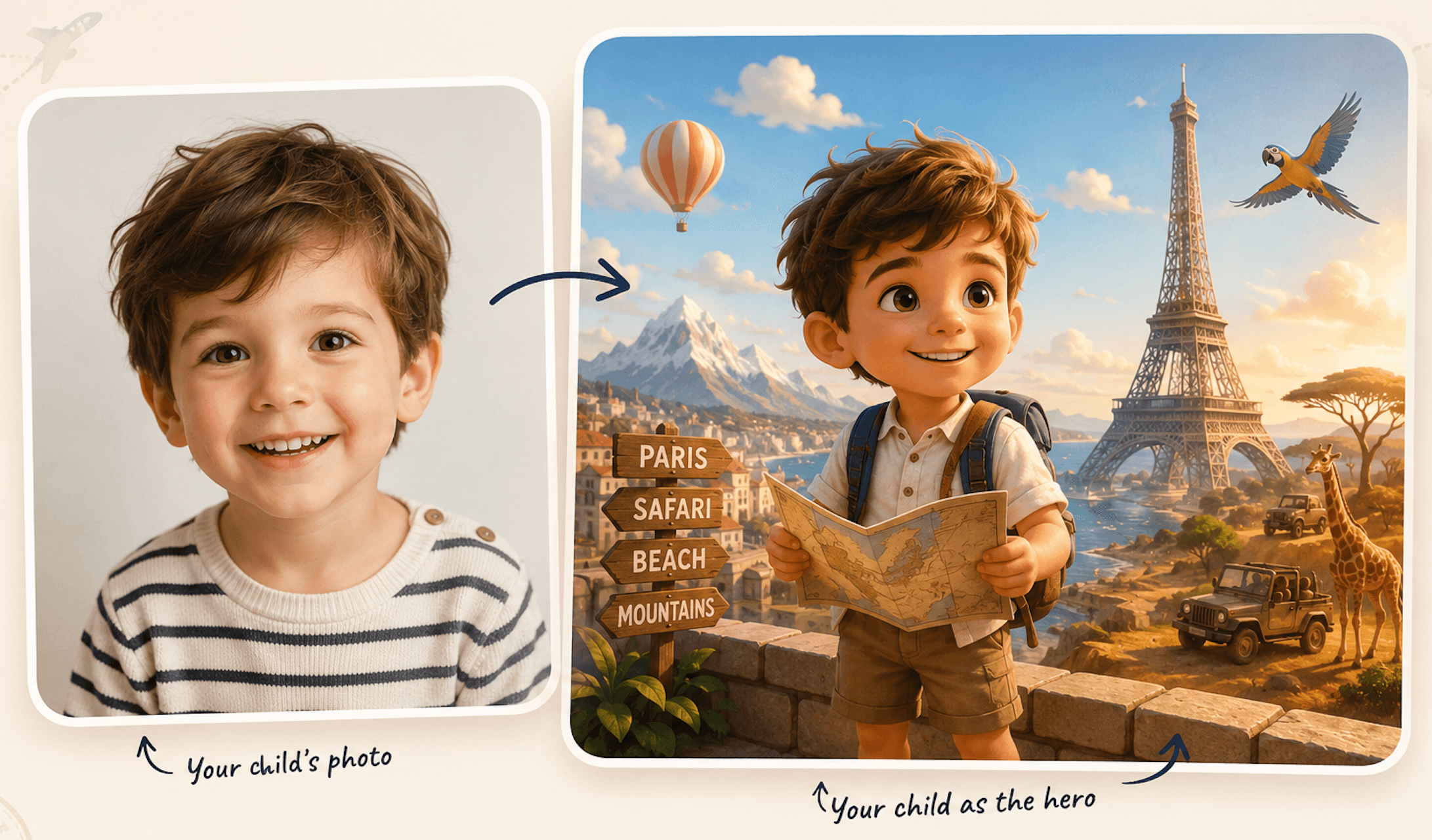 Real child's photo transforming into an animated hero in a global travel scene.