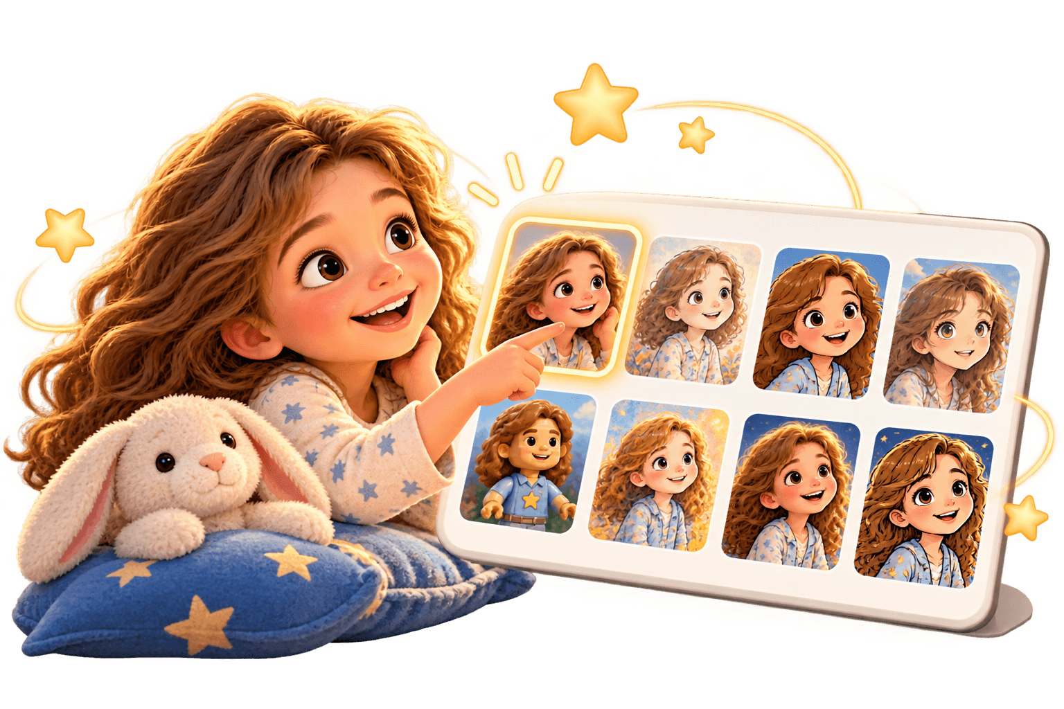 Cartoon girl in pajamas pointing at a tablet displaying various girl avatars next to a bunny.
