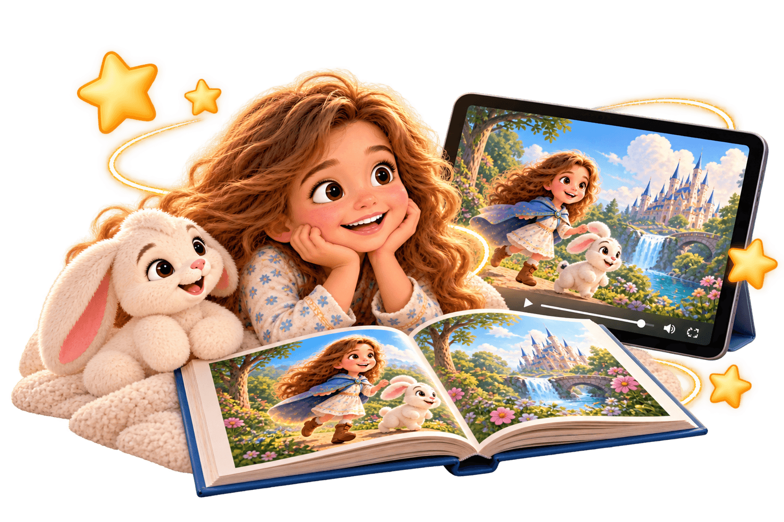 A happy young girl watching a fairy tale on a tablet and reading a storybook.