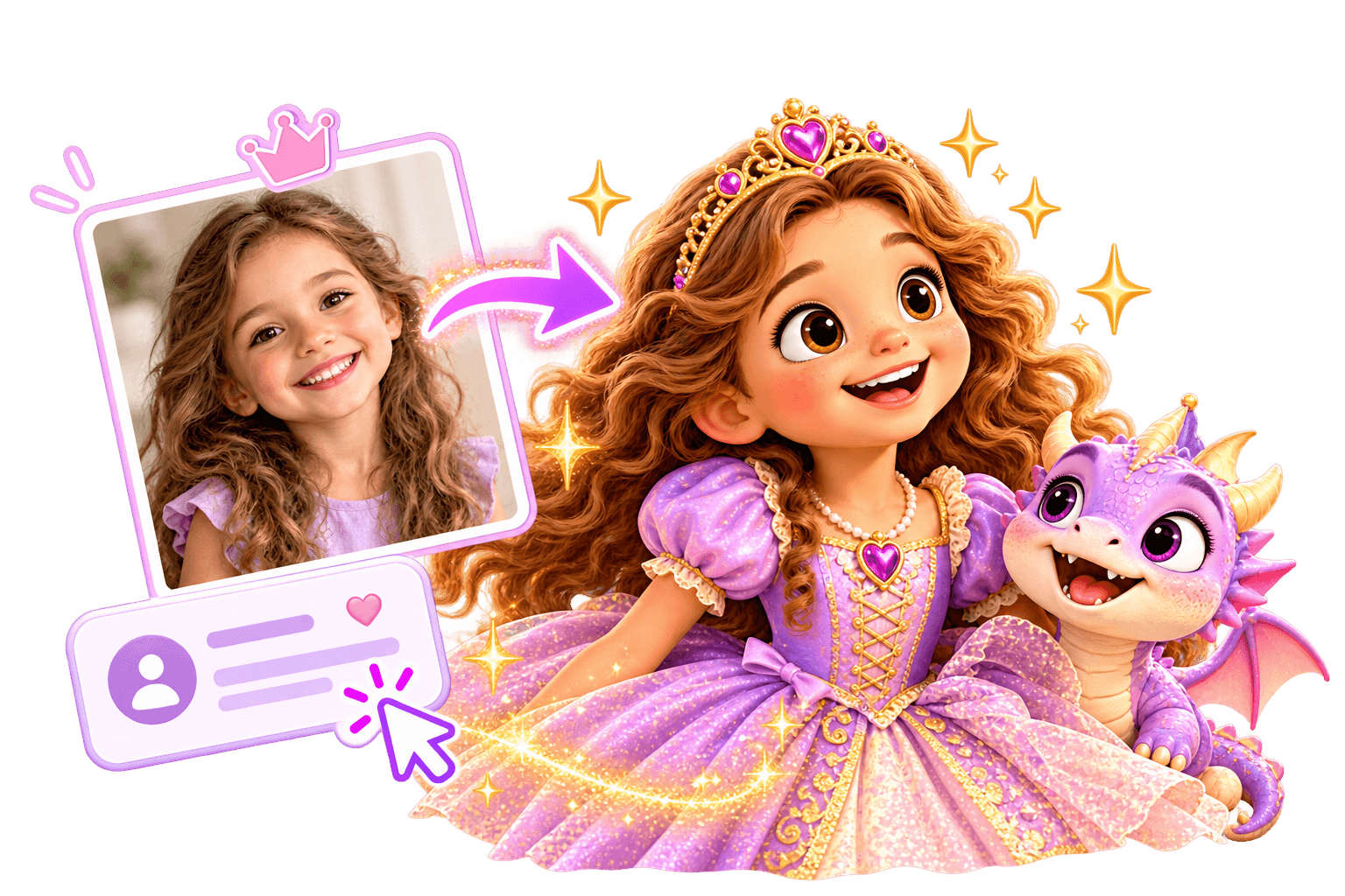 A girl's photo transforms into a sparkling cartoon princess wearing a purple gown with a small dragon.