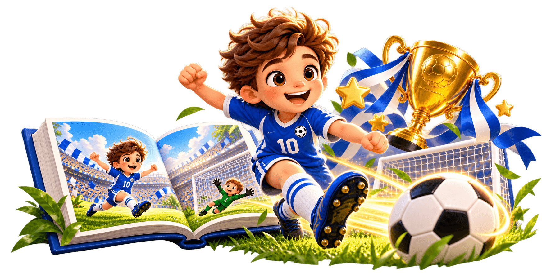 Cartoon soccer player, number 10, kicks ball from open book with gold trophy.