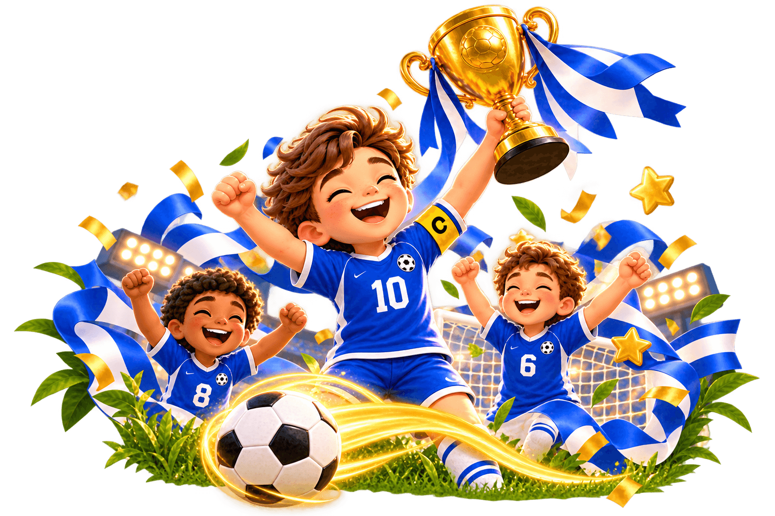 Three joyful animated children celebrate a soccer championship, one holding a golden trophy.