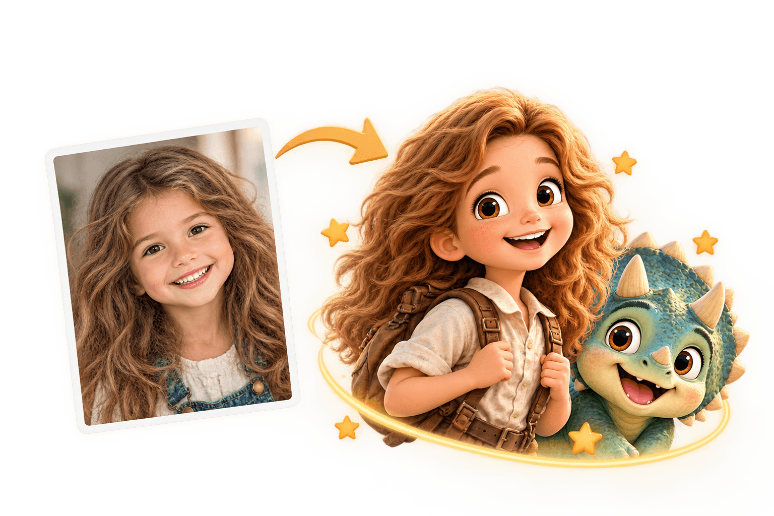 A real photo of a smiling girl transforms into a cartoon character with a dinosaur.