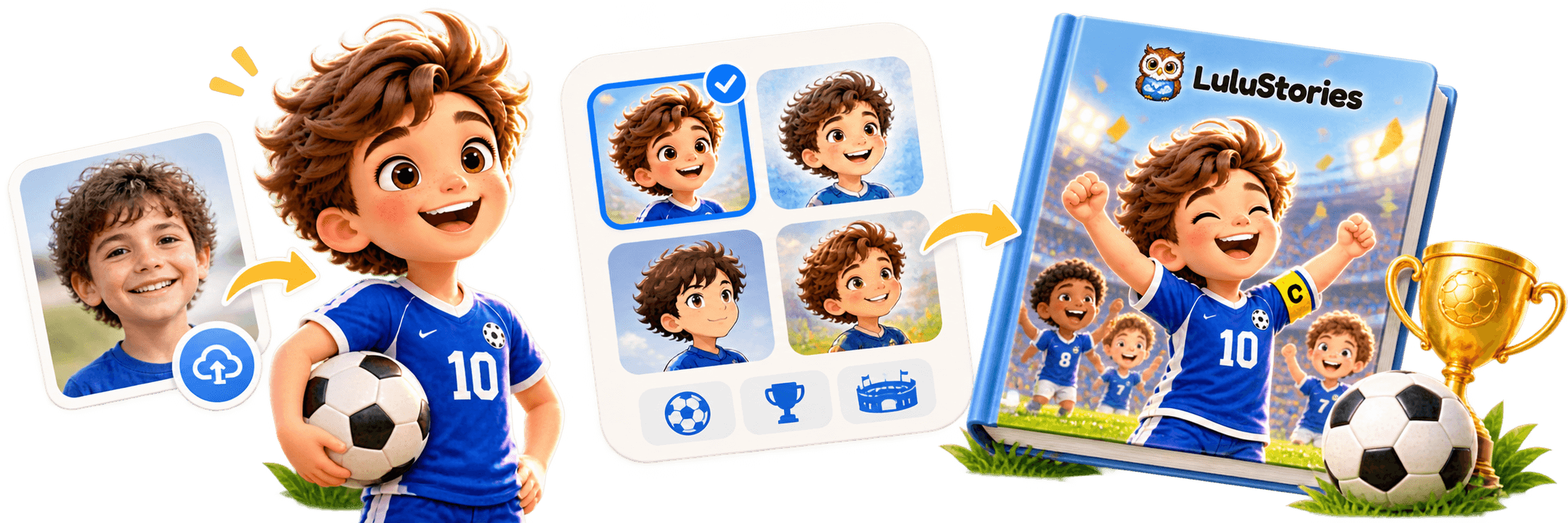 A boy's photo transforms into a cartoon character, then into a storybook soccer hero.