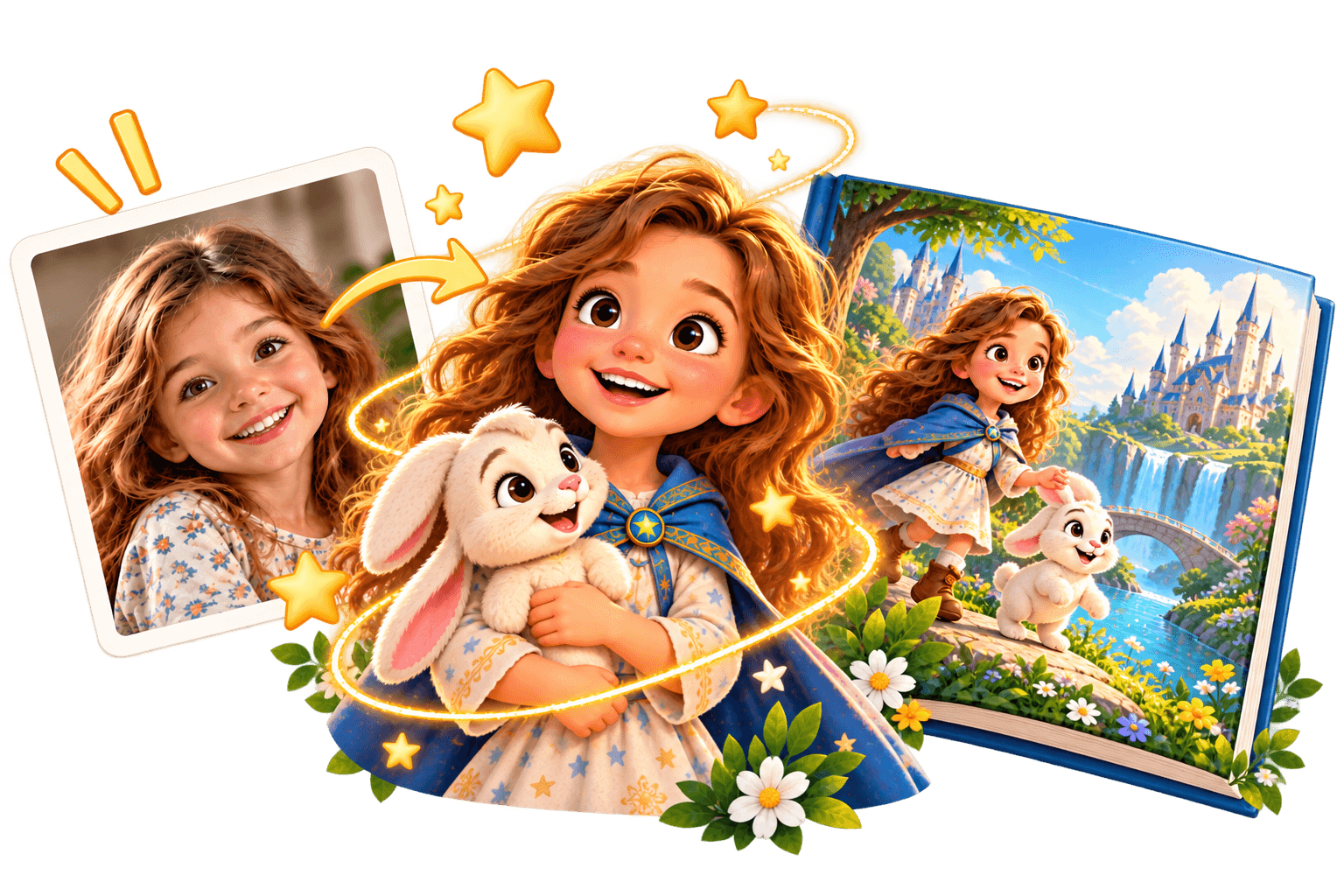 A real girl's photo transforms into an animated character holding a bunny in a fantasy storybook.