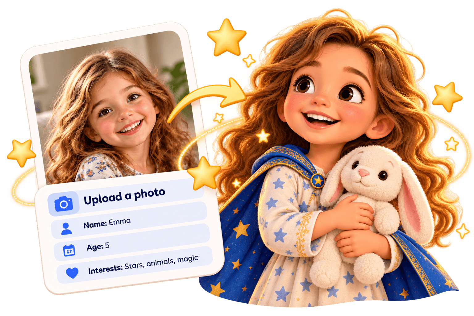 Real photo of a smiling girl transforms into a magical, animated character holding a bunny.
