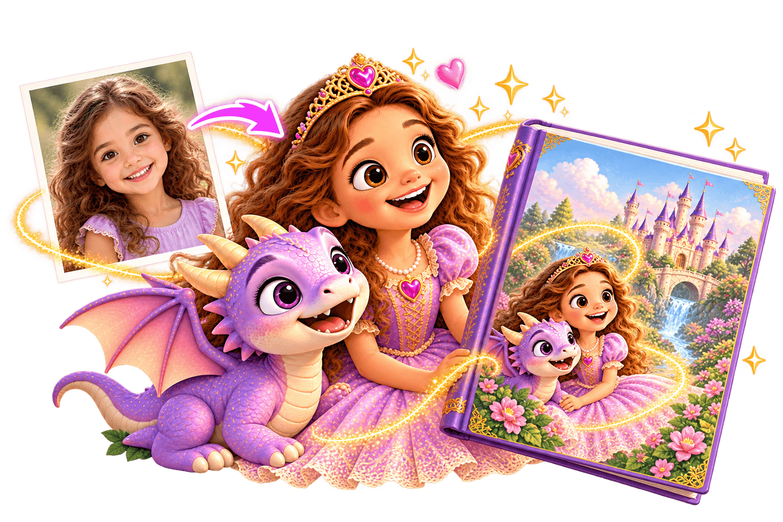 Little girl's photo transforms into a cartoon princess and dragon holding a storybook.