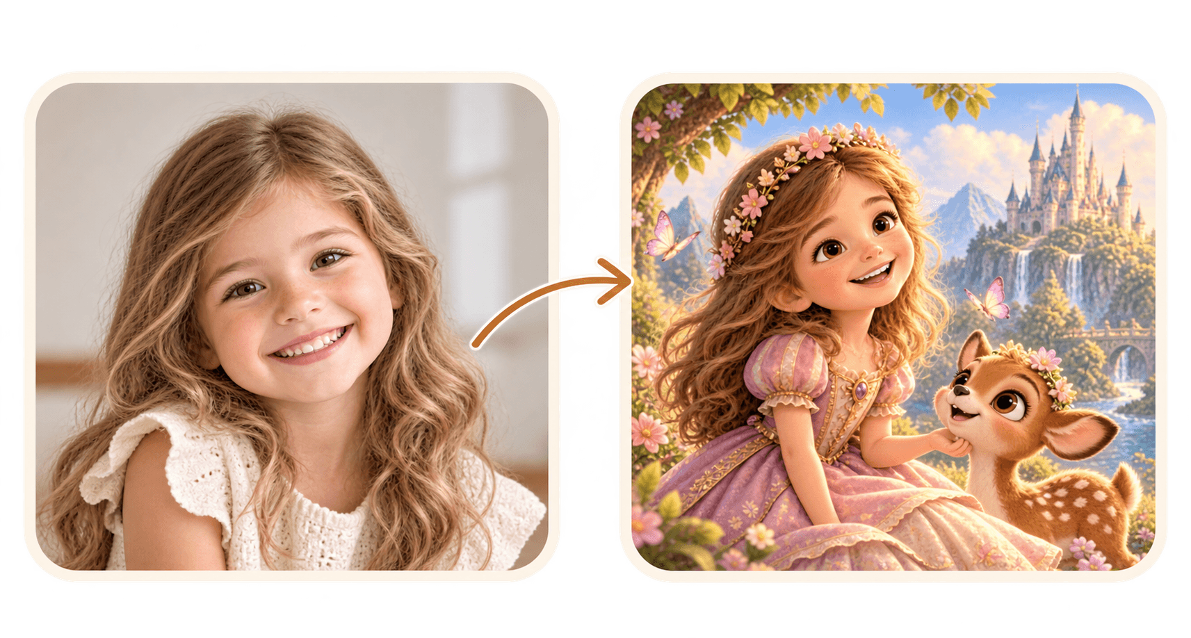 A real girl's photo is transformed into an AI-generated fairytale princess illustration.