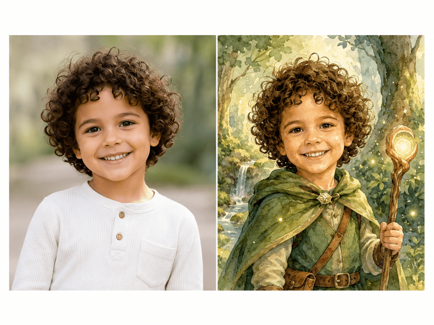 A boy's portrait next to a fantasy art depiction of him as a magic-wielding elf.