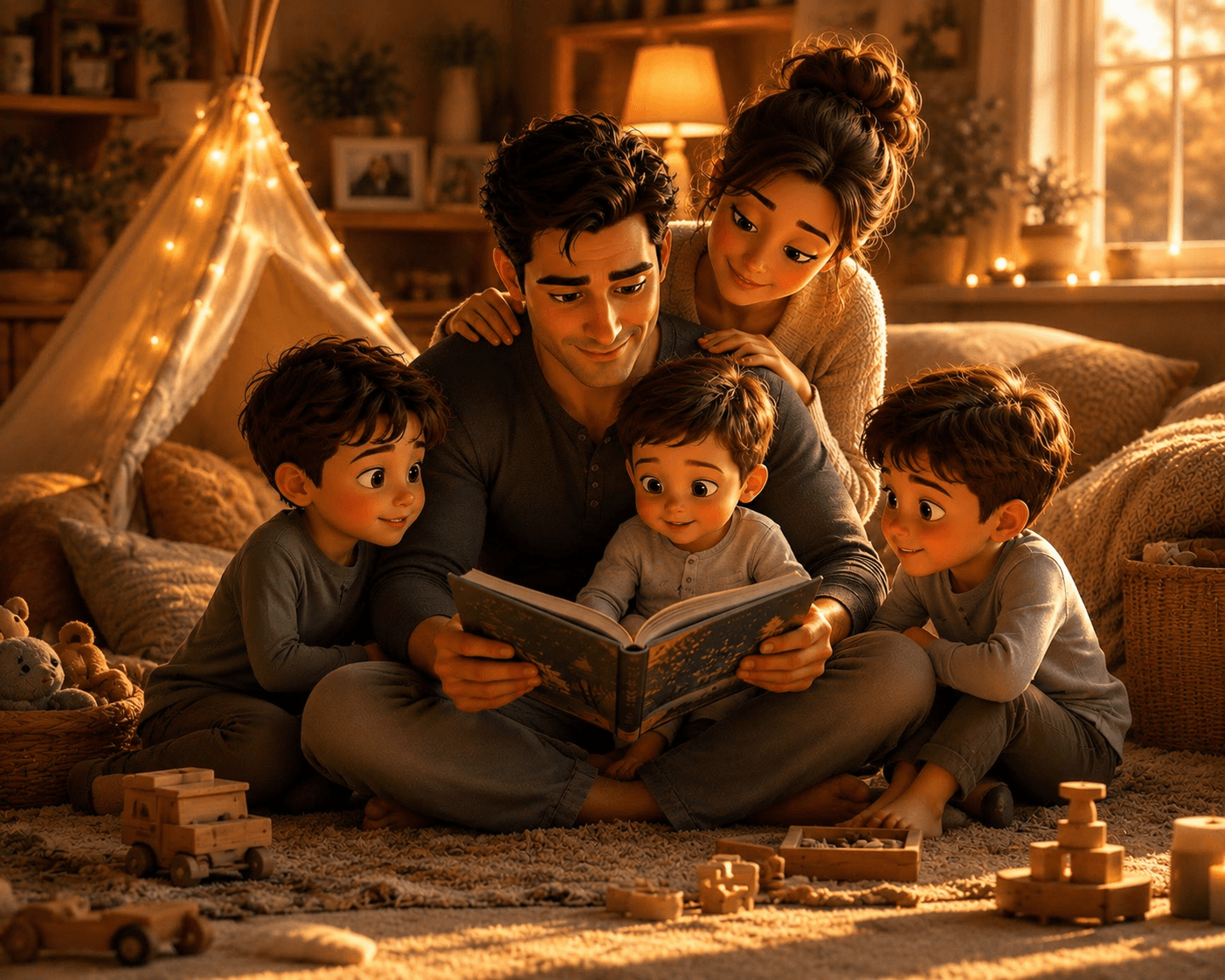Parents read a storybook to their three young children on a cozy rug.