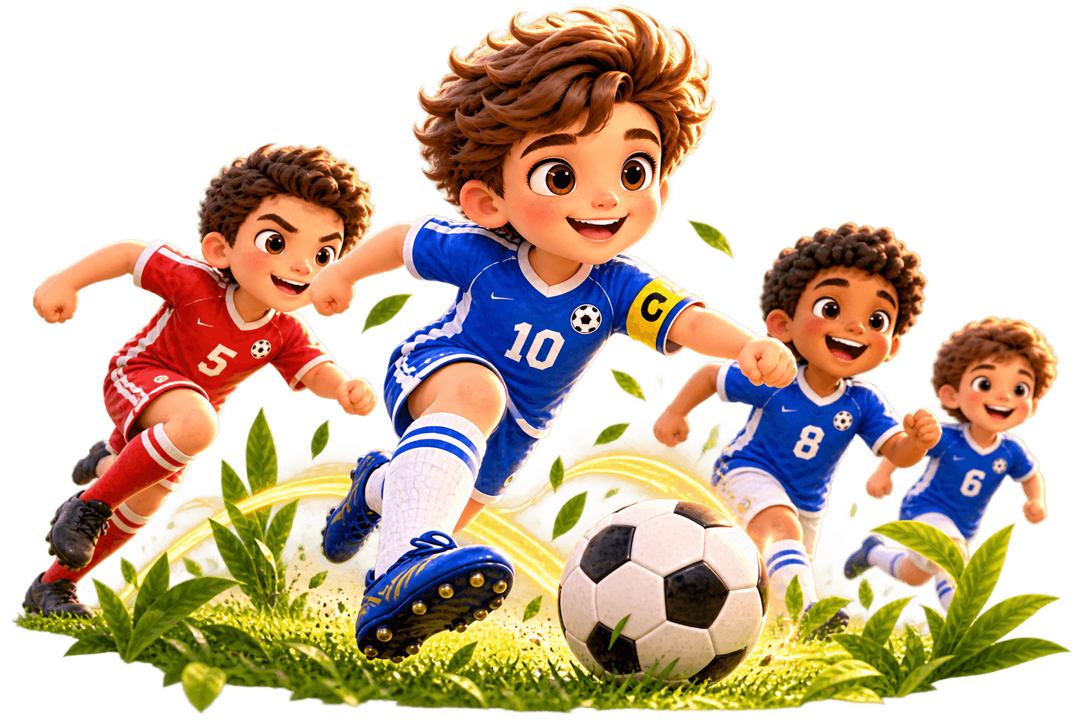 Four diverse cartoon children joyfully play soccer, with one in blue dribbling the ball.