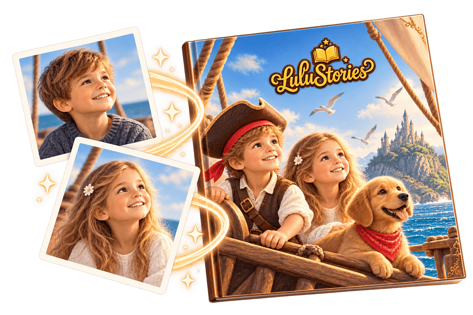 Photos of children become characters on a personalized storybook cover titled 'Lulu Stories'.