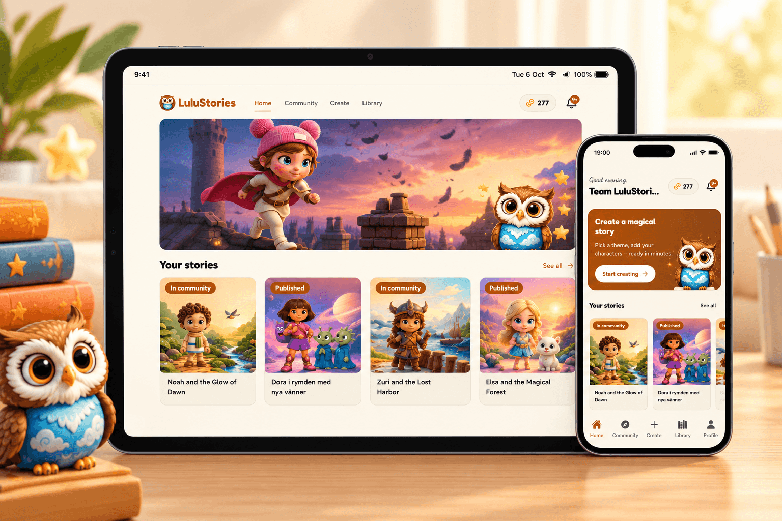LuluStories app on tablet and phone featuring fantasy characters and digital stories.
