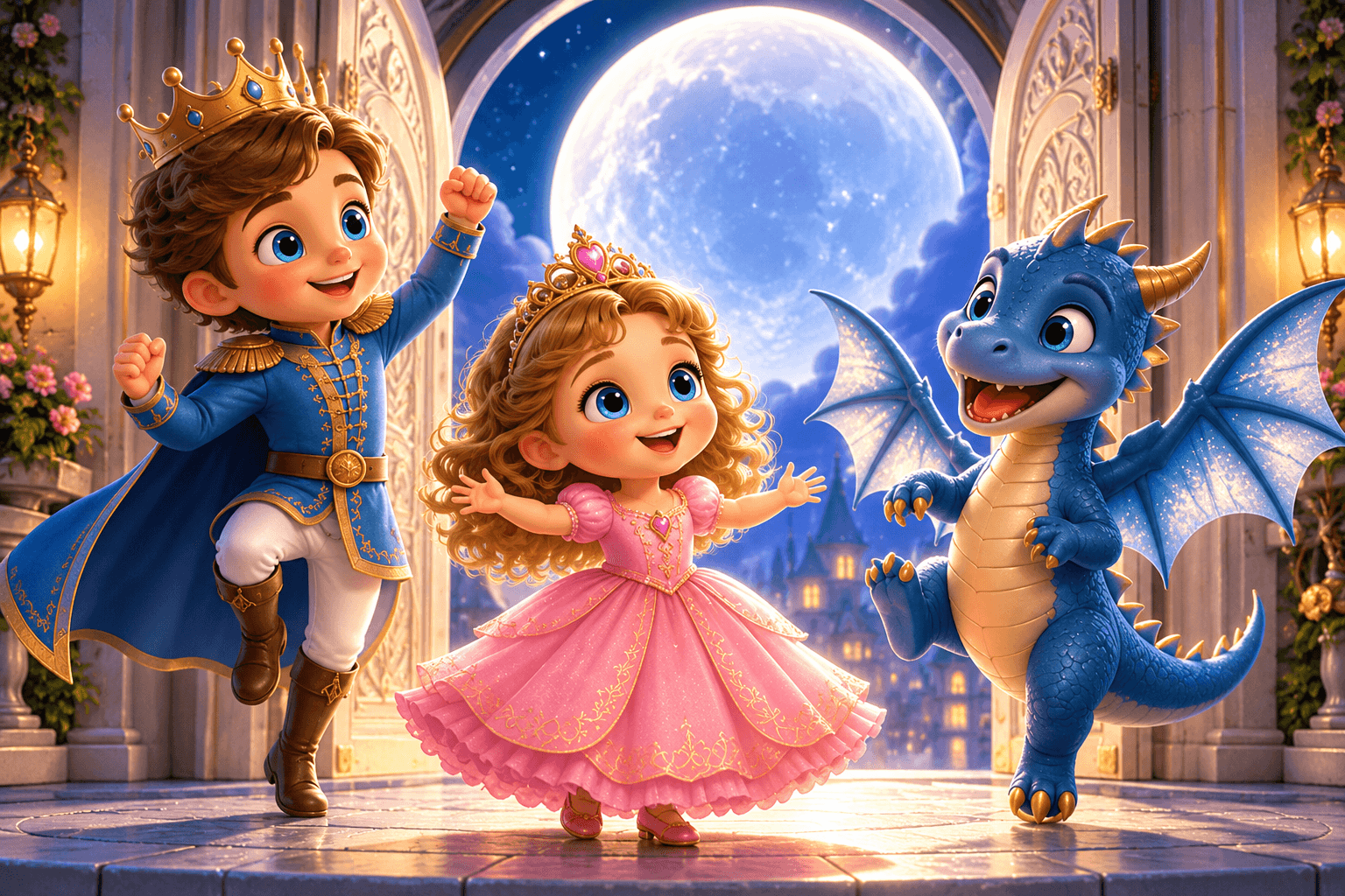Cartoon prince, princess, and blue dragon dance happily under a full moon at a castle.