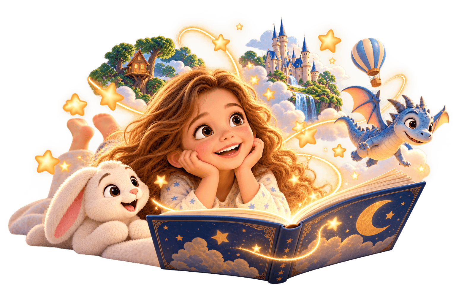 Young girl imagines a magical world emerging from her storybook with a bunny friend.