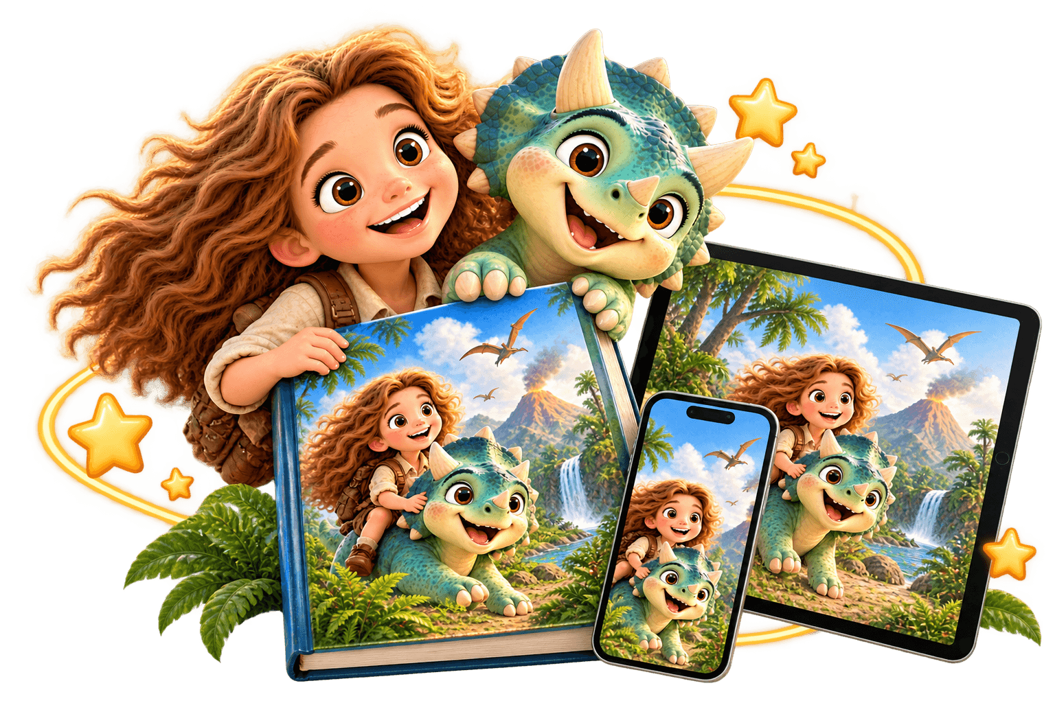 Smiling girl with a blue triceratops dinosaur and adventure story displayed on a book and devices.