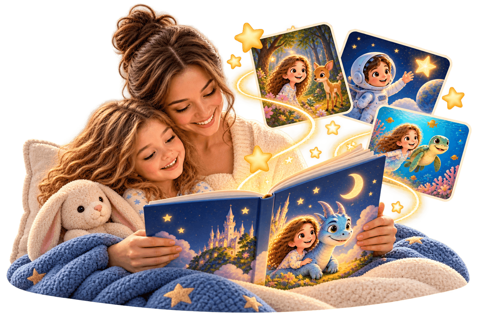 Mother and daughter happily reading a magical storybook with vibrant, imaginative illustrations.
