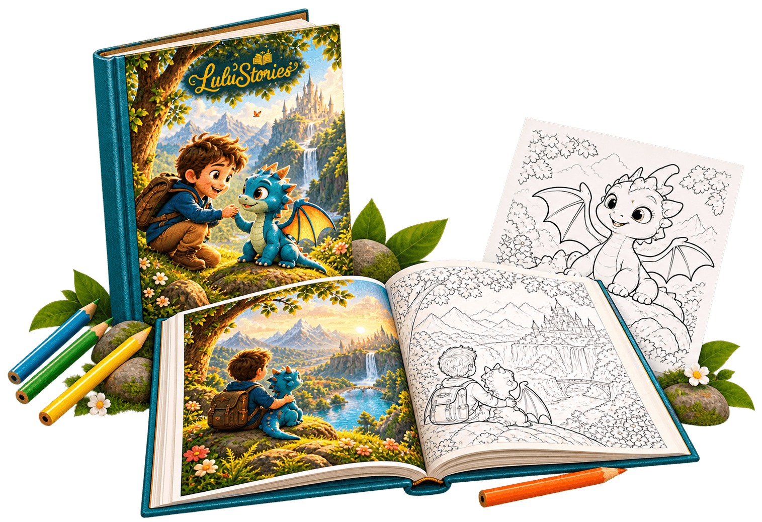 Children's book 'Little Stories' featuring a boy, dragon, open book, and coloring page.