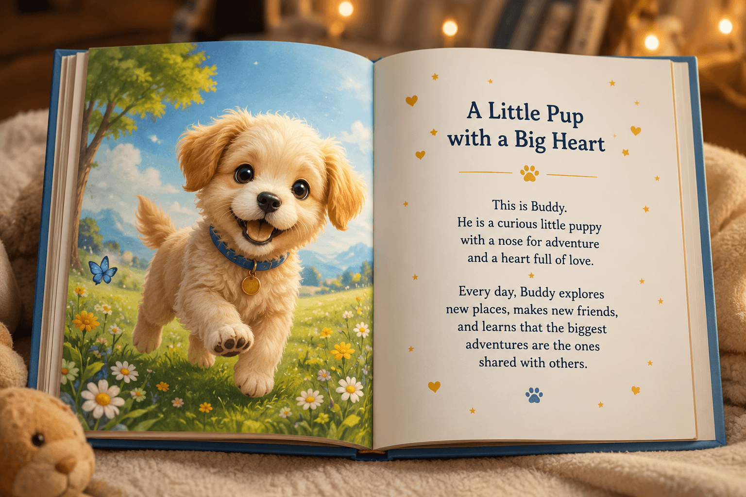 Open storybook featuring a happy golden retriever puppy illustration and story text.