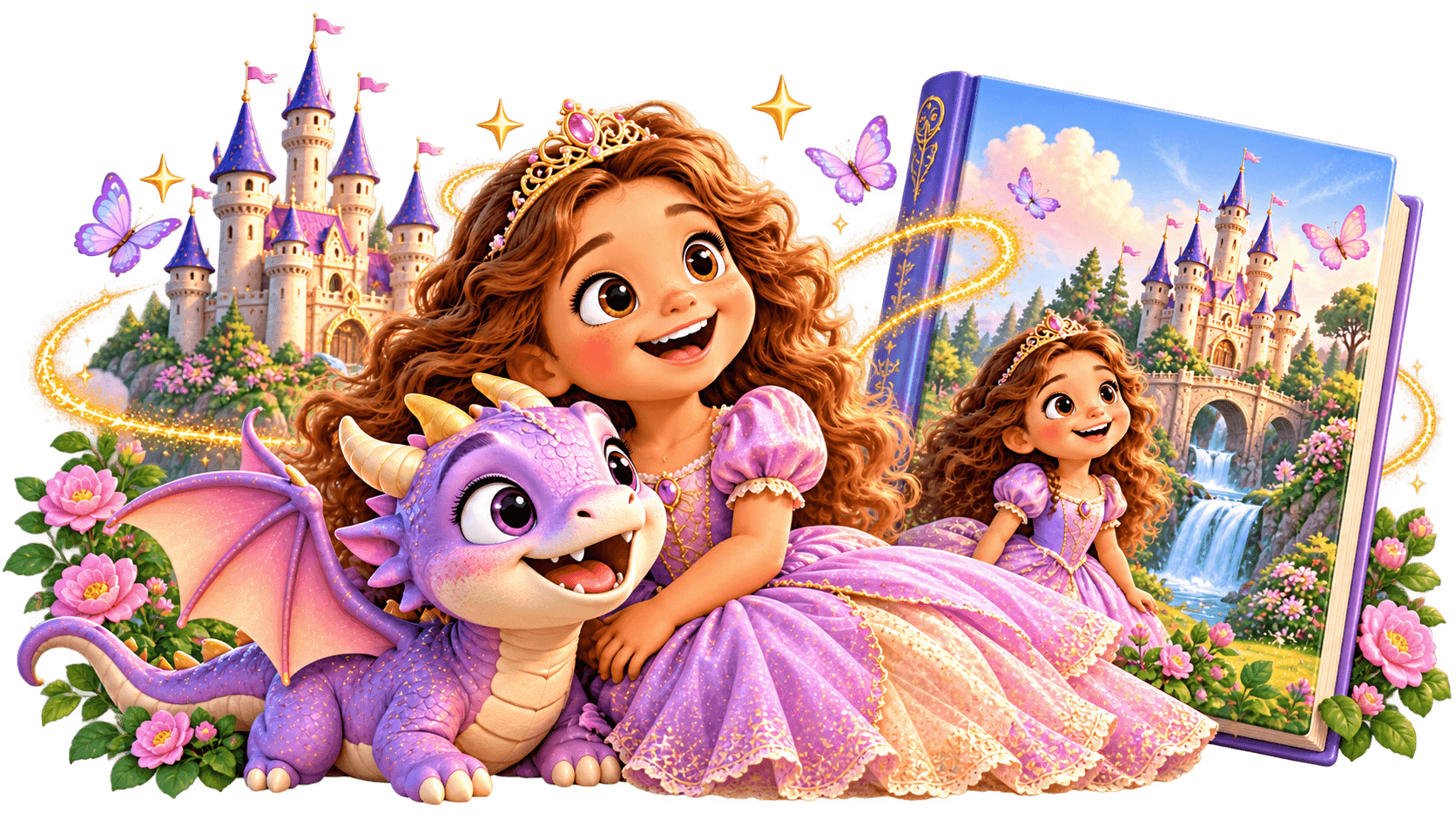 A happy princess and purple dragon in front of a fairytale castle with a storybook.