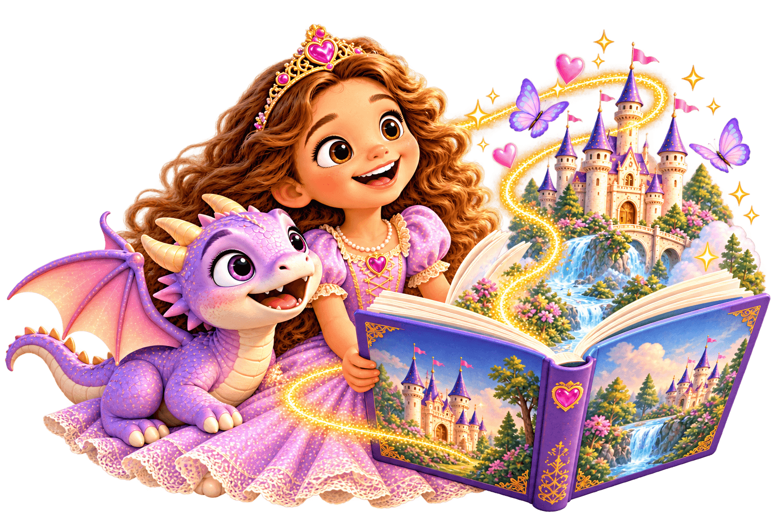 A princess and a purple dragon gaze at a magical castle emerging from a storybook.