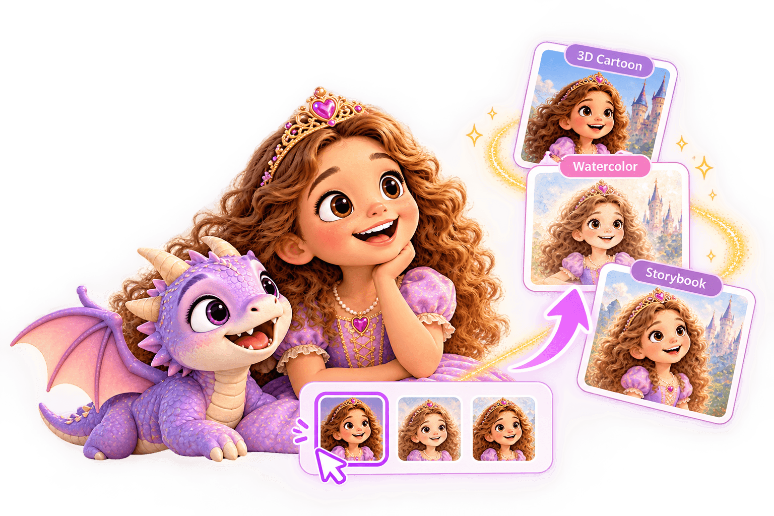 A cartoon princess and dragon, with her image transforming into 3D, watercolor, and storybook styles.
