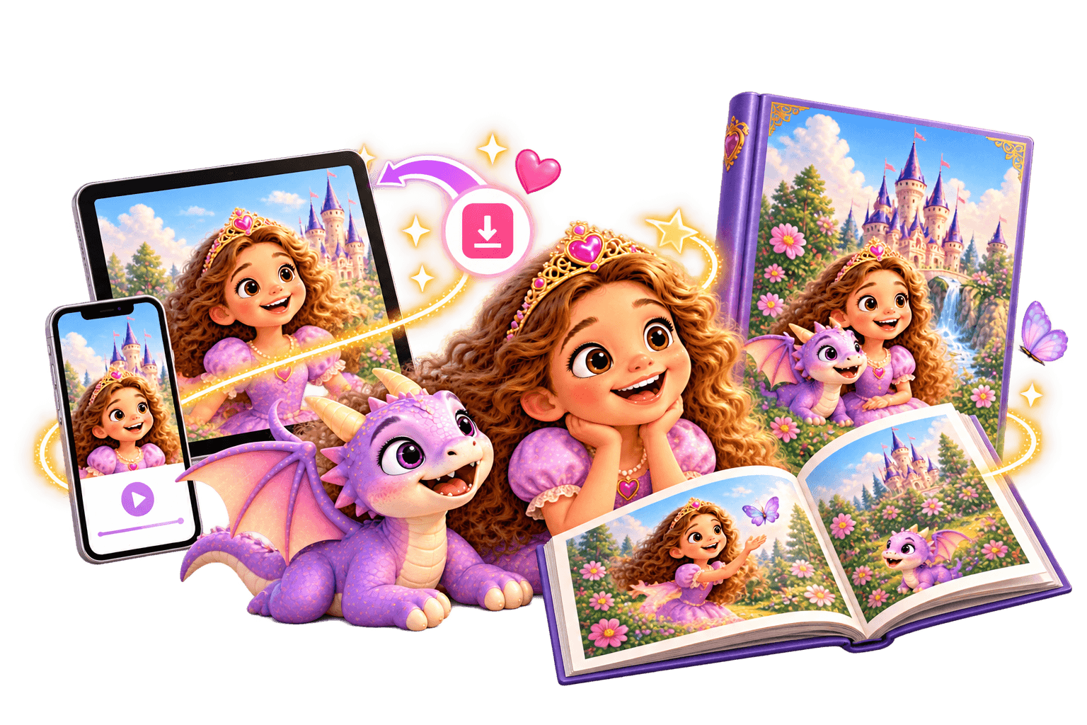 Smiling cartoon princess and purple dragon on digital devices and an open storybook.
