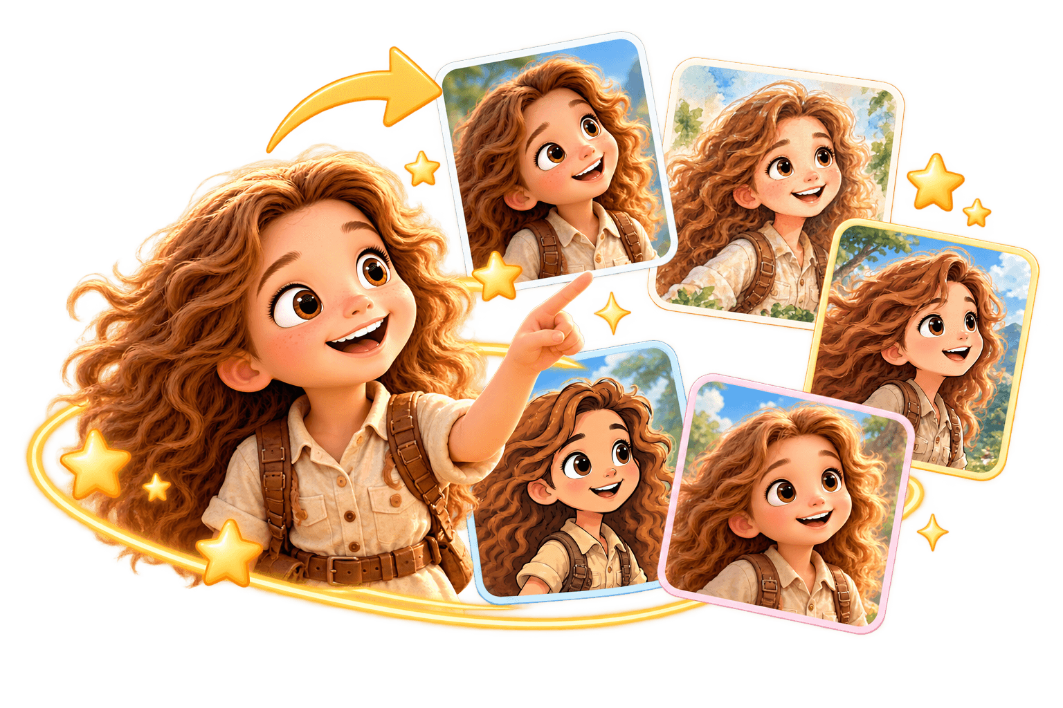 Animated girl with curly hair pointing at multiple stylistic variations of herself.
