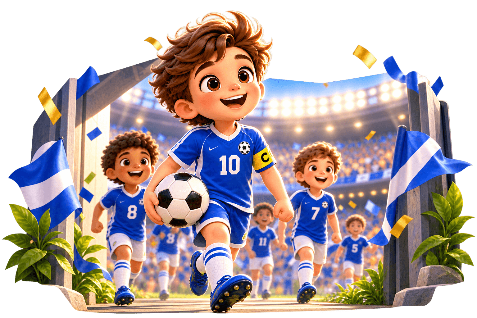 Animated boy soccer players in blue jerseys, led by number 10, run onto a vibrant stadium field.