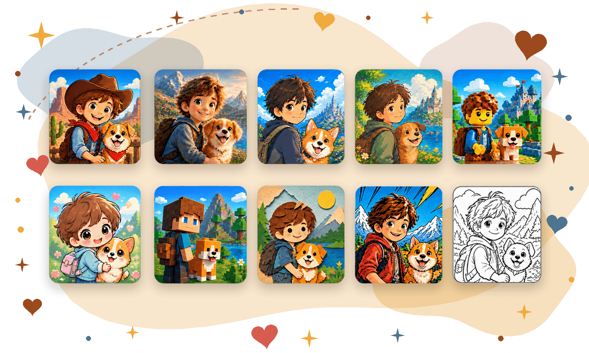 Ten cartoon illustrations of a boy and a corgi dog adventuring outdoors, including a coloring page.
