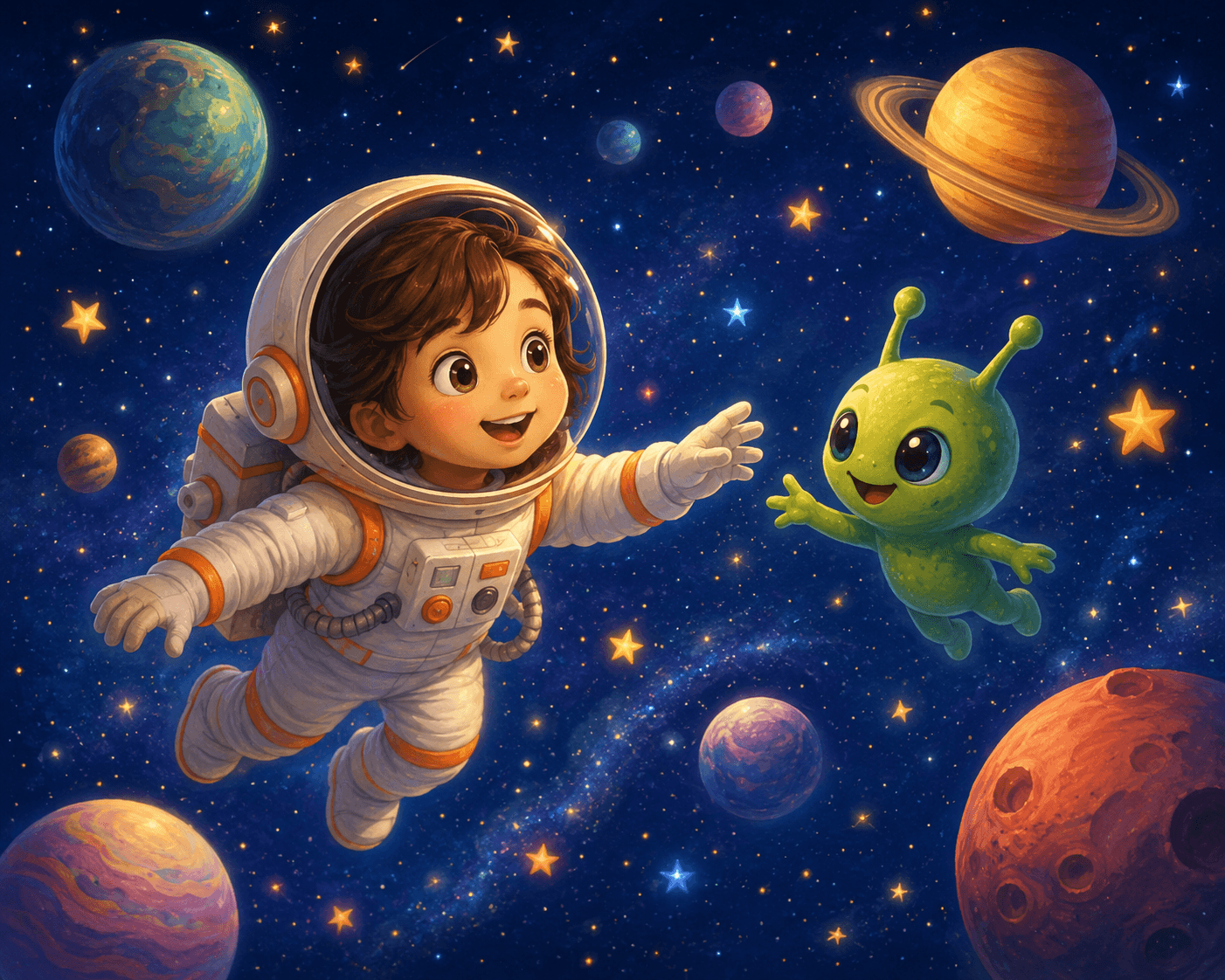 Cartoon child astronaut reaching for a friendly green alien in a star-filled space.