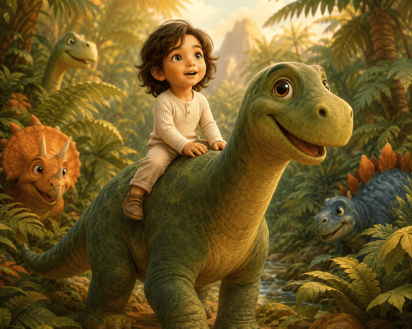 A smiling child rides a friendly green dinosaur in a vibrant jungle with other dinosaurs.