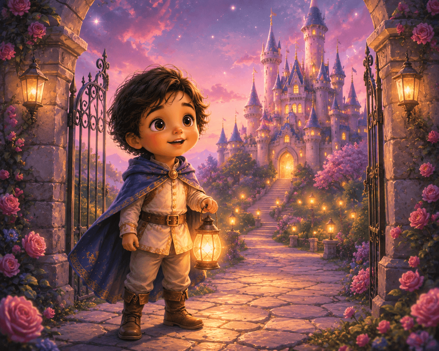Young prince in blue cape holds a lantern, gazing at a glowing fairytale castle at sunset.